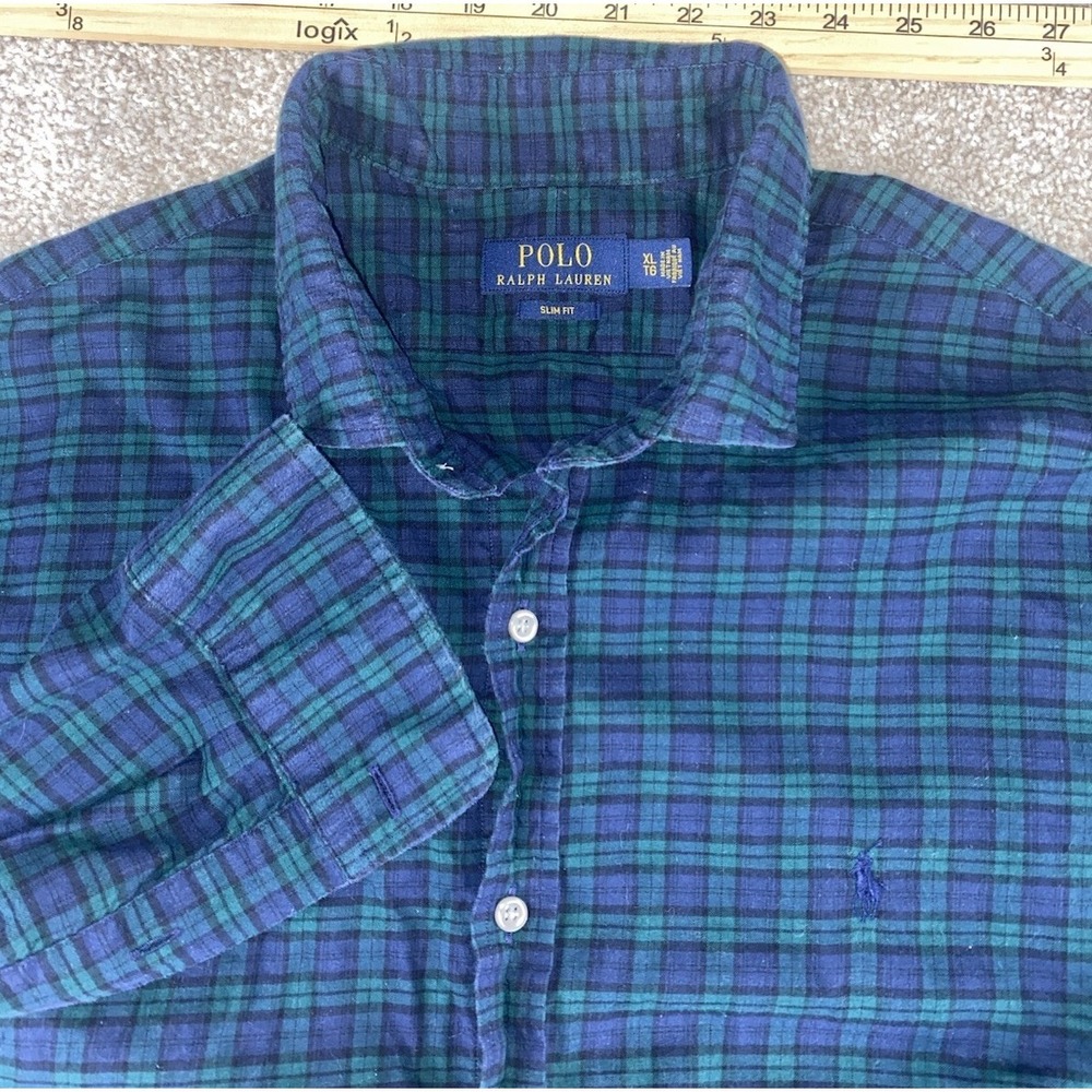 Polo Ralph‎ Lauren Blue/Green Check Gingham Plaid Mens XL Slim Blue Pony Cotton